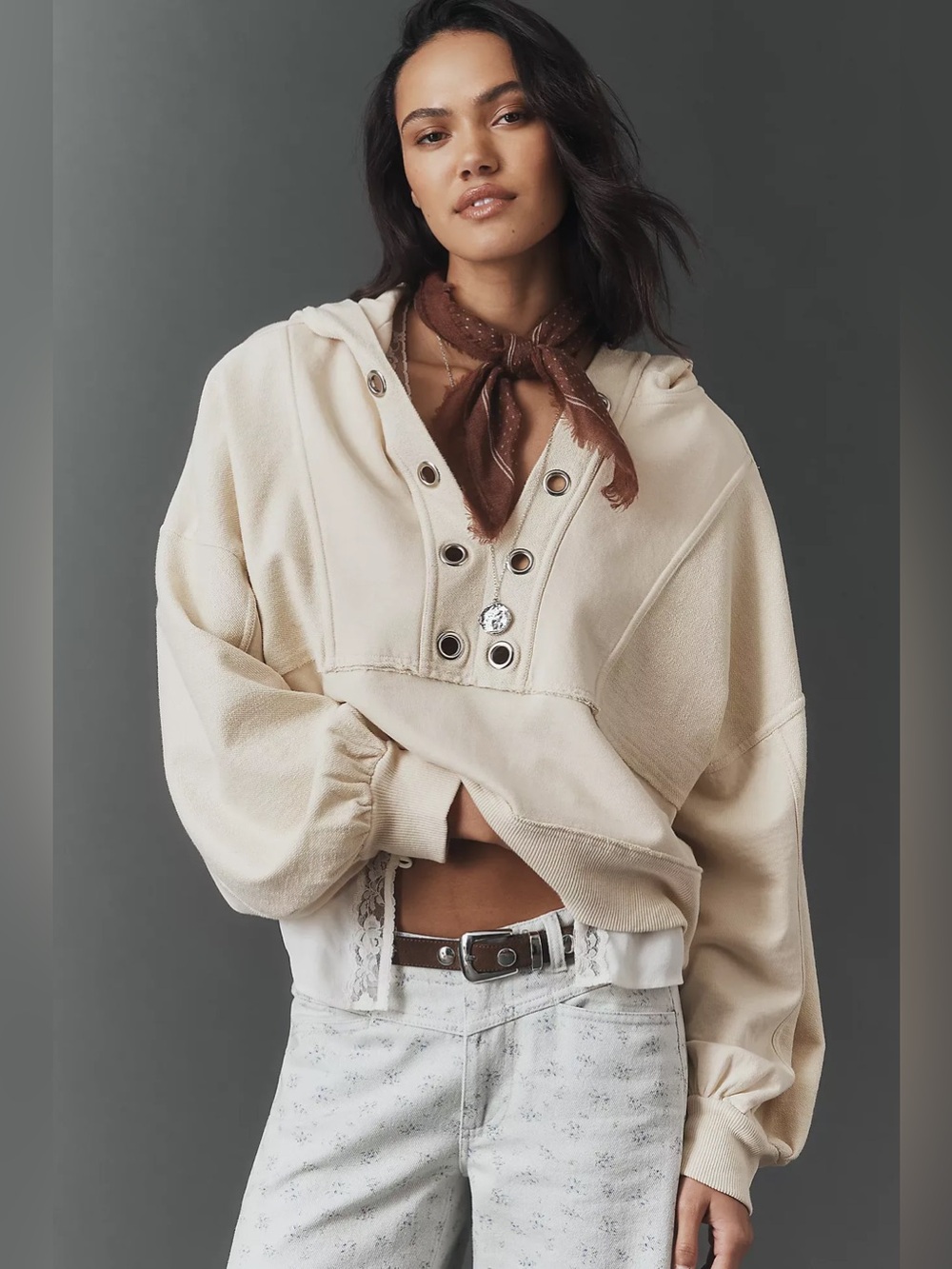 Anthropologie Pilcro Cotton Grommet Hooded Sweatshirt Sand NWT M